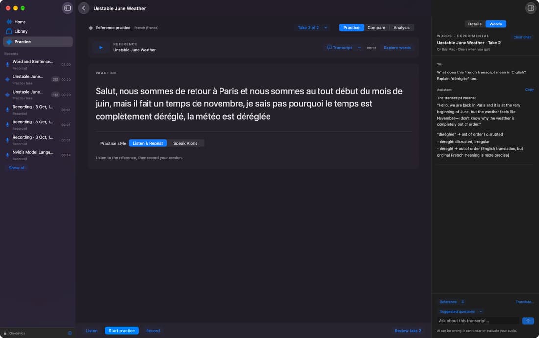 Live French reference practice with an on-device explanation in the Words inspector