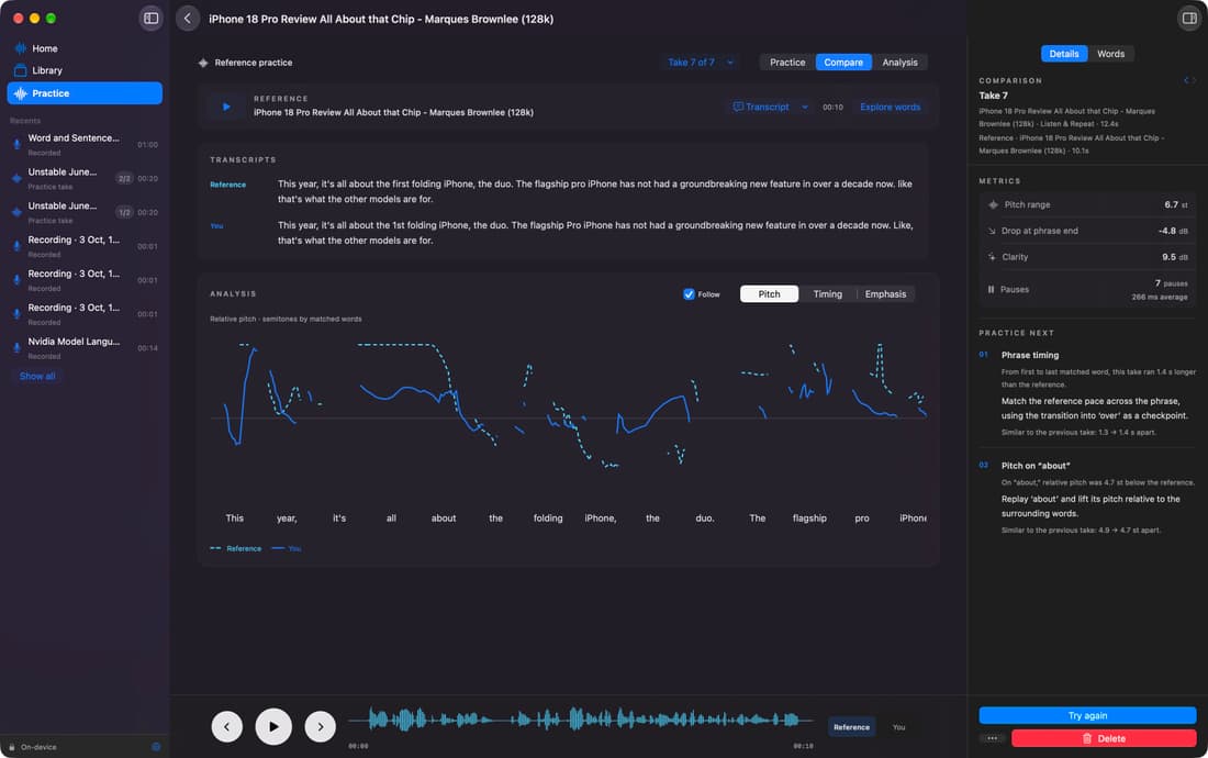 Live reference comparison showing matched pitch curves and two measured practice targets