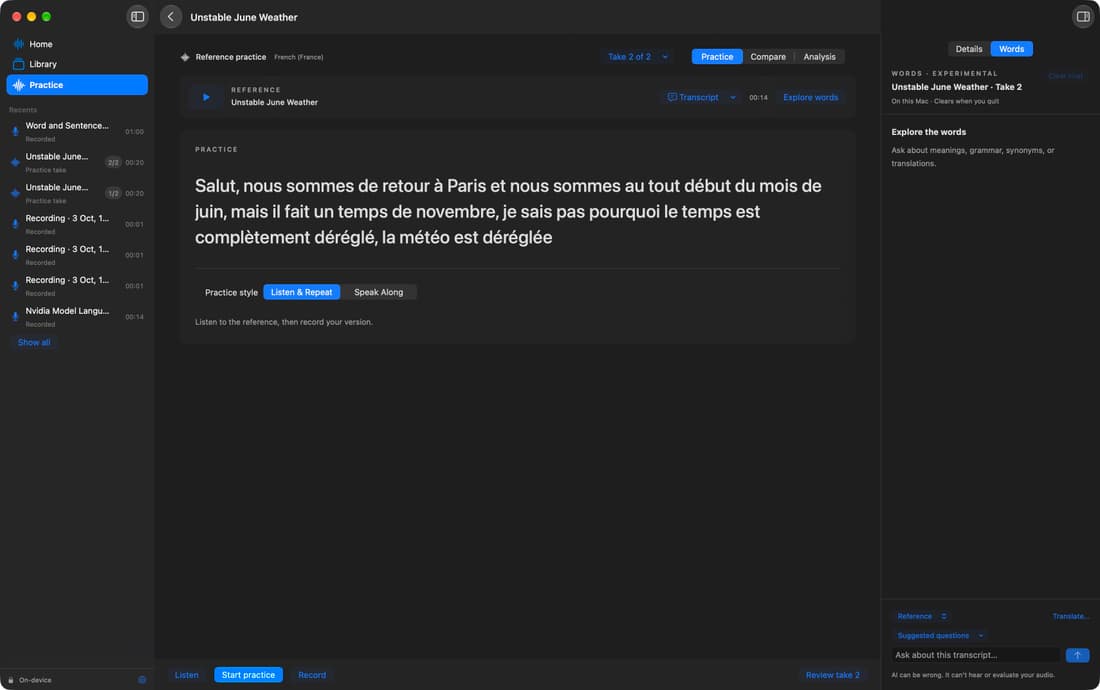 Ichido reference practice with a transcript, playback controls, and Listen & Repeat mode